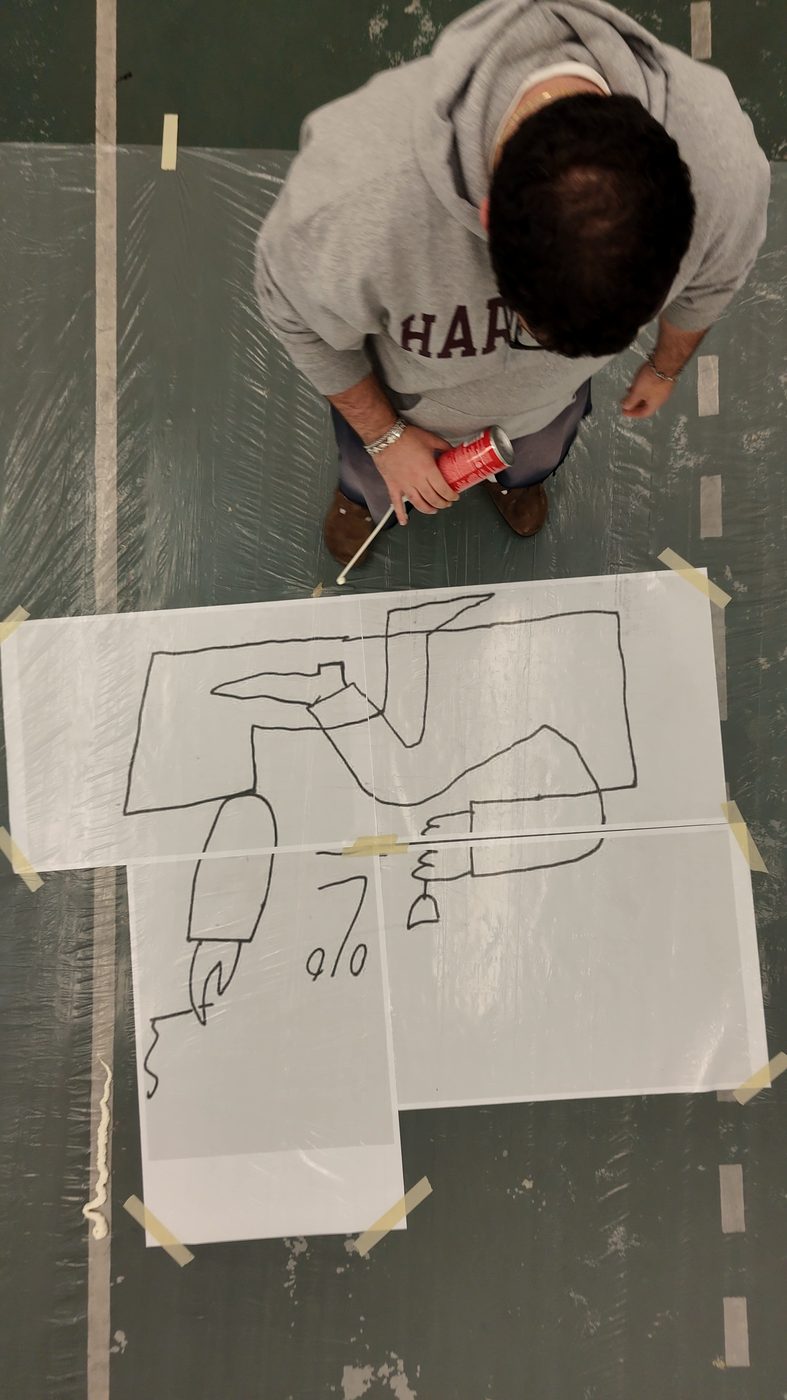 Drawing a full-scale line study on the studio floor, from above